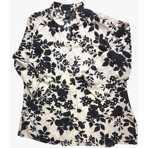 Carole Little linen tunic top 1X natural black floral Lagenlook Costal EUC